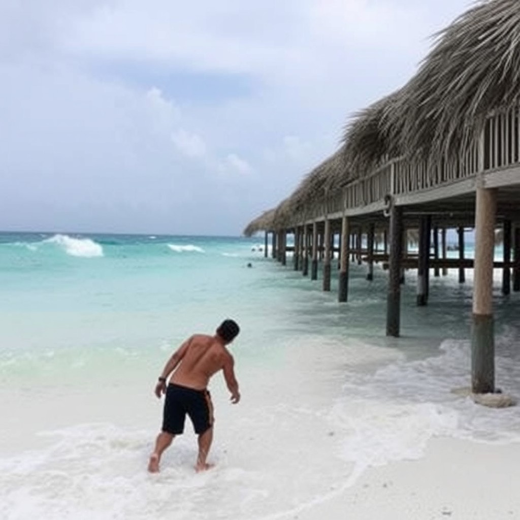 Stormy beach with dark clouds over turquoise sea and palm trees bending in strong wind, representing the hurricane season in Cancun