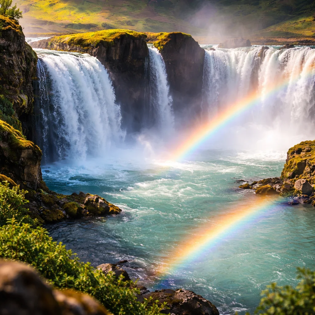 Scenic view of Icelandic landscapes during summer with lush greenery and clear skies.